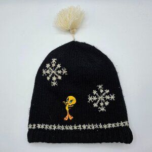Vintage Warner Bros Tweety Bird Snowflake Acrylic Beanie Hat Black Winter Warm